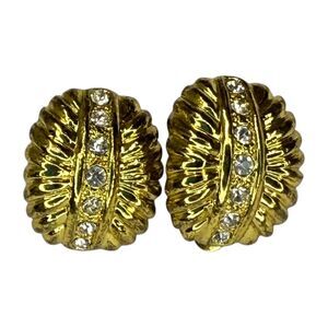 Vintage Gold‑Tone Rhinestone Dome Clip‑On Earrings Textured Statement Jewelry